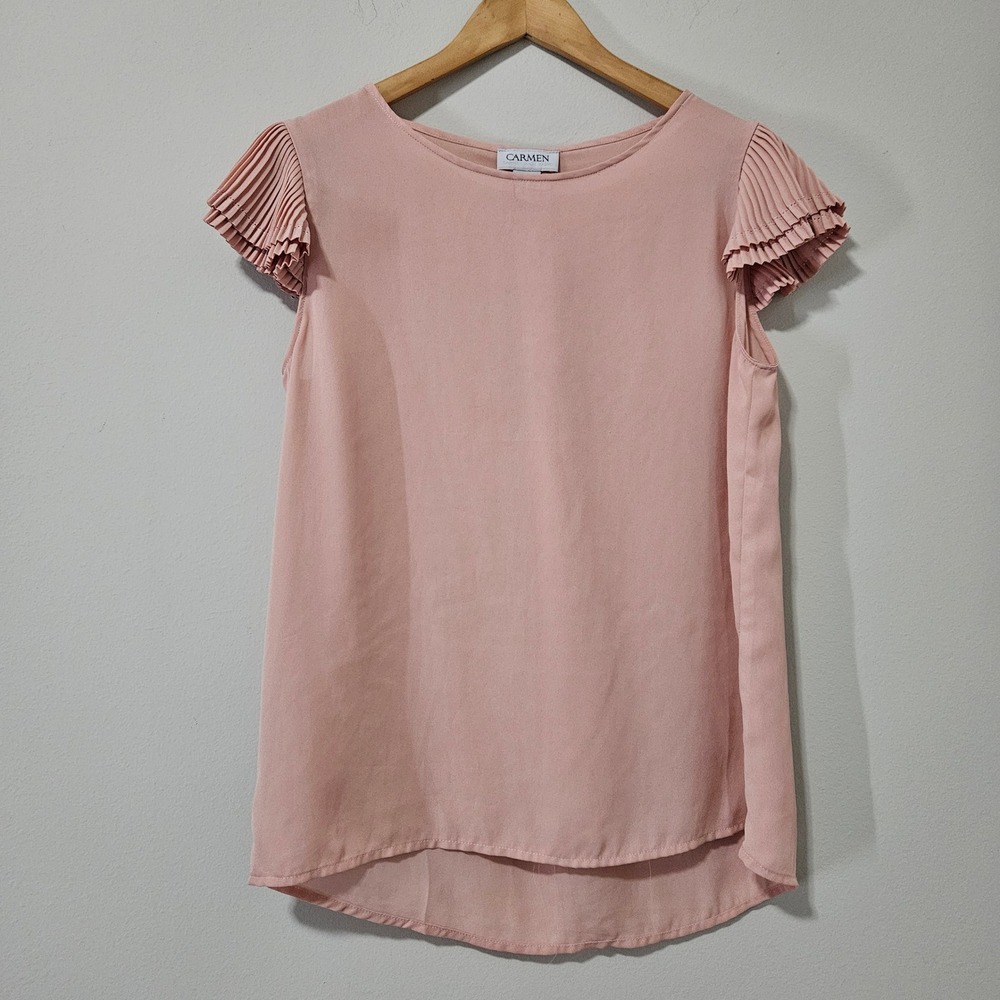 Carmen Marc Valvo Pink Pleated Flutter Sleeve‎ Blouse Top Medium - Picture 1 of 4